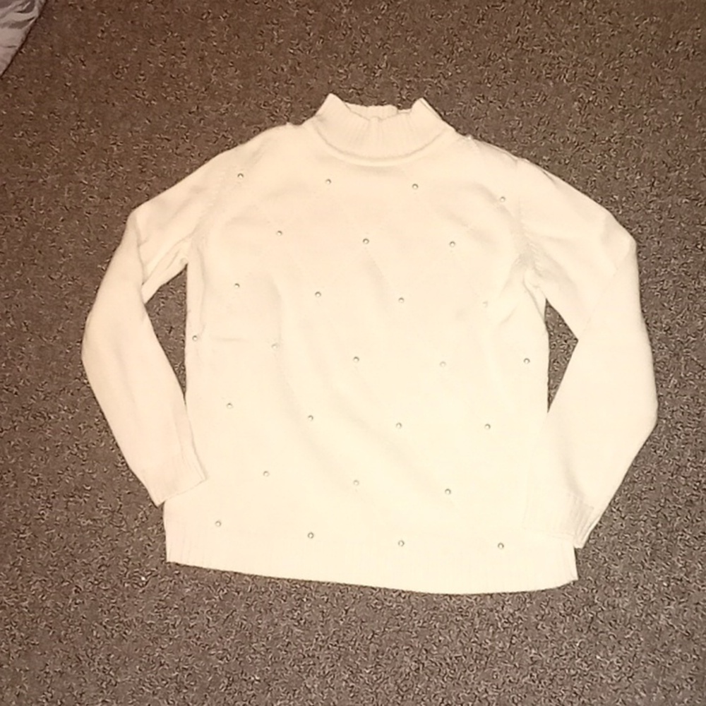 LIZ CLAIBORNE Petite L (fits like M) cream sweater triangular pattern w Pearls